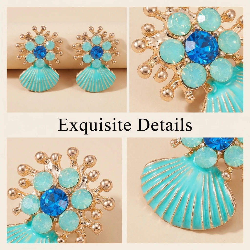 Trendige Metall-Ohrstecker für Damen, exquisite blaue Strass-Blumenohrringe, Bohemian-Schmuck, Accessoires, Geschenk – Detail 3