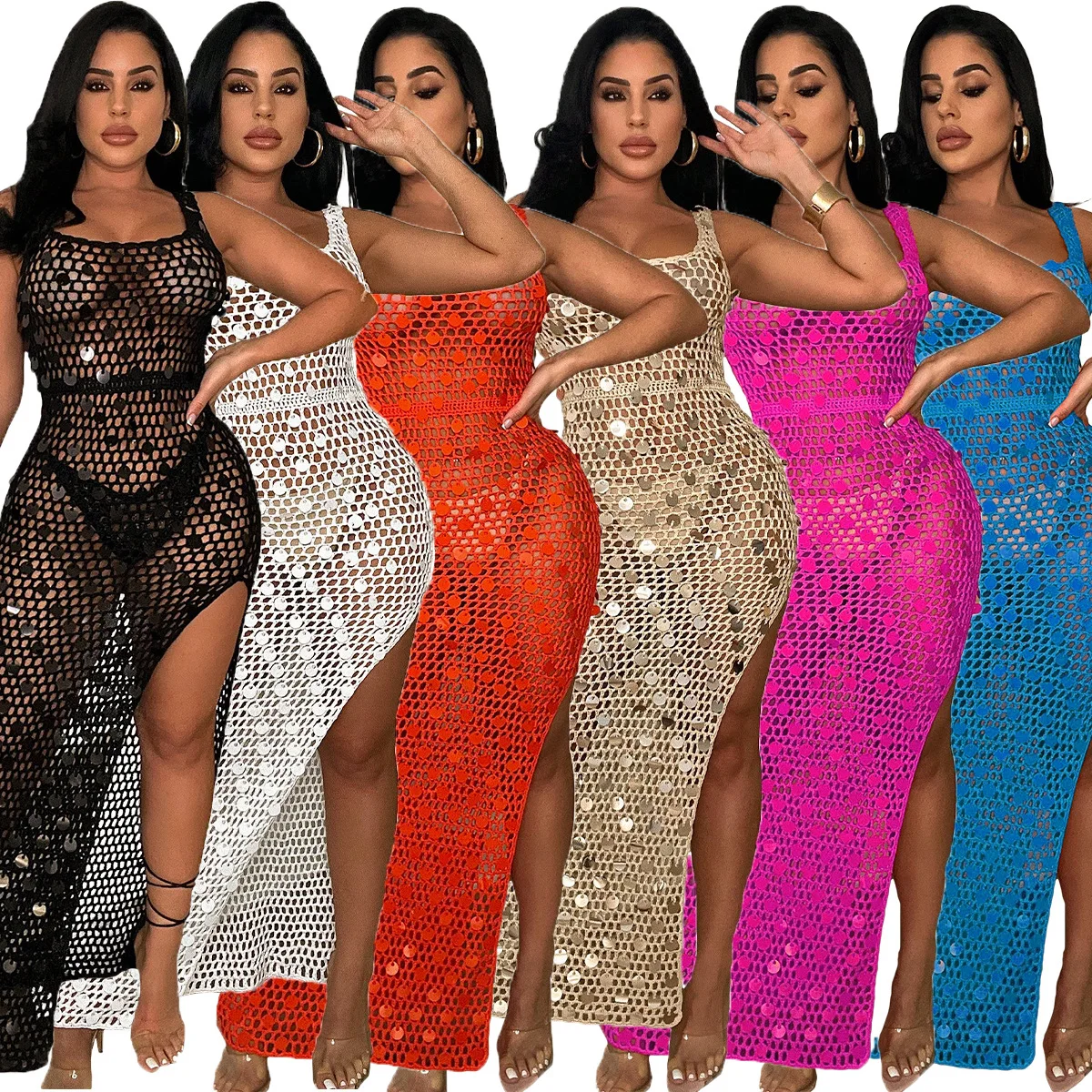 

Sexy Sequin Women Side High Split Skirt Women Summer Hand Knitted Hollow Out Long Dress Club Party Beach Wear Cover Maxi Dresses