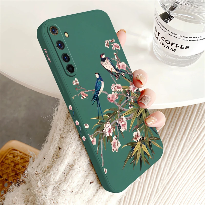 Silicone Soft Phone Case with Birds and Flowers Pattern - Shockproof Bumper Back Cover