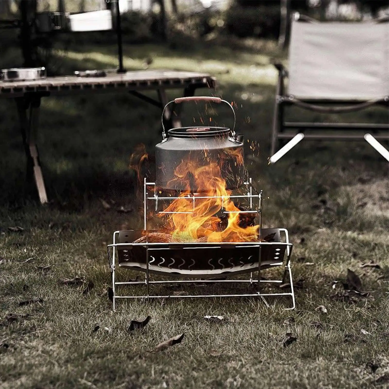 Folding Camping Campfire Grill Stainless Steel Firewood Stove Mini BBQ Rack Outdoor Fire Pit Portable Wood Stove Burner