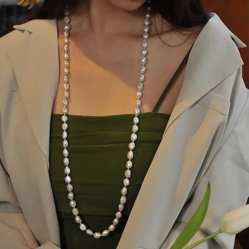 

Irregular Baroque Freshwater Pearl 100cm Long Strande Necklace for Women 14K Gold Filled Metal Beads OT Design Best Gift Jewelry