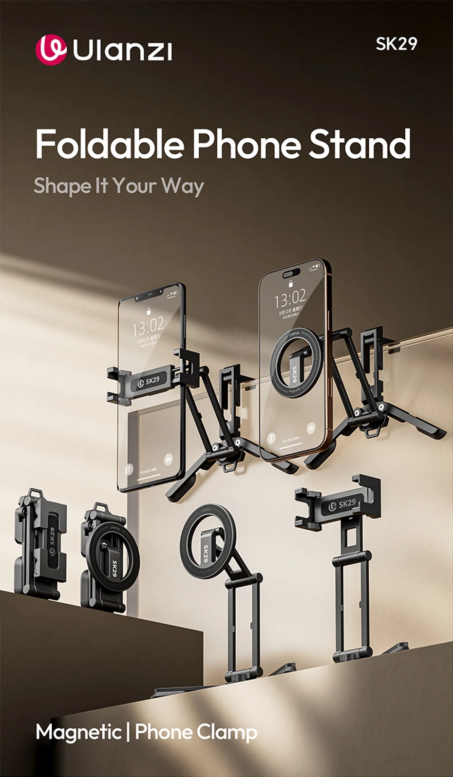 Foldable Phone Stand with Magnetic Ring / Phone Clip Mount Tripod Selfie Mantis
