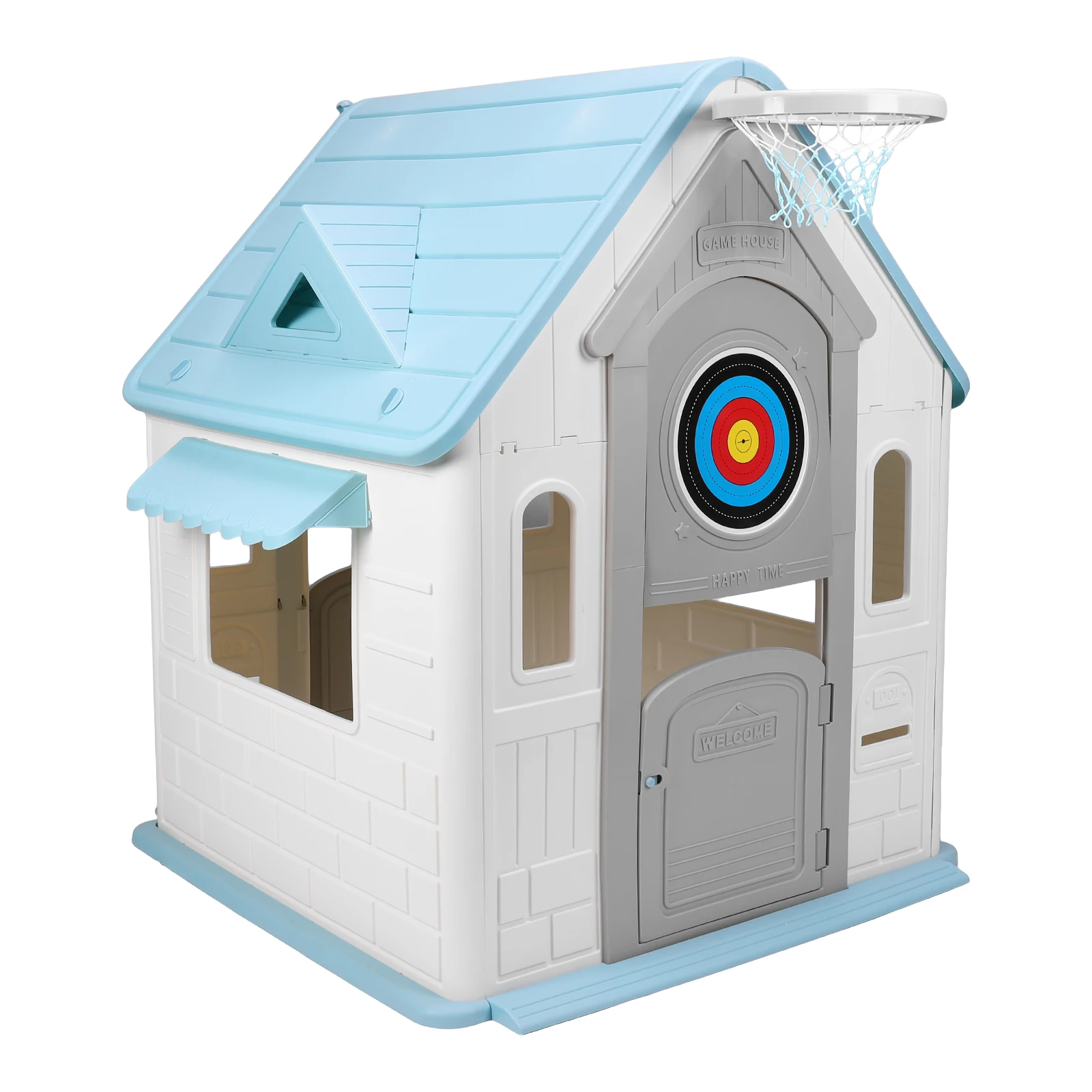 Kids Playhouse with Basketball Hoop Dartboard Garden Games Cottage (Light Blue)