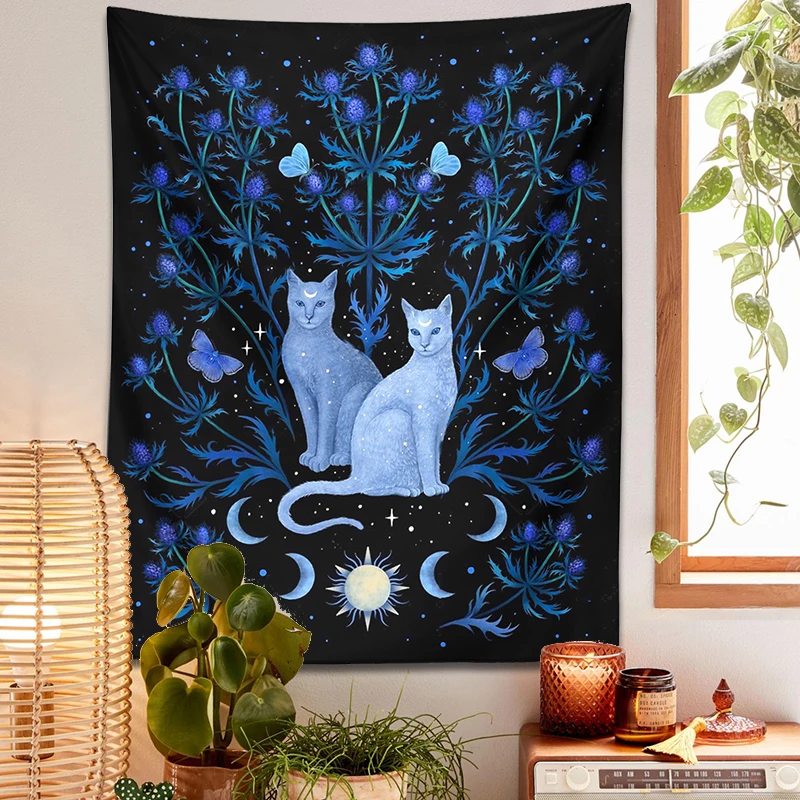Cat Tapestry Wall Hanging Tapestry Decorations Psychedelic Moon Sun Moth Cat Leaf Flower Divination Occult Home Wall