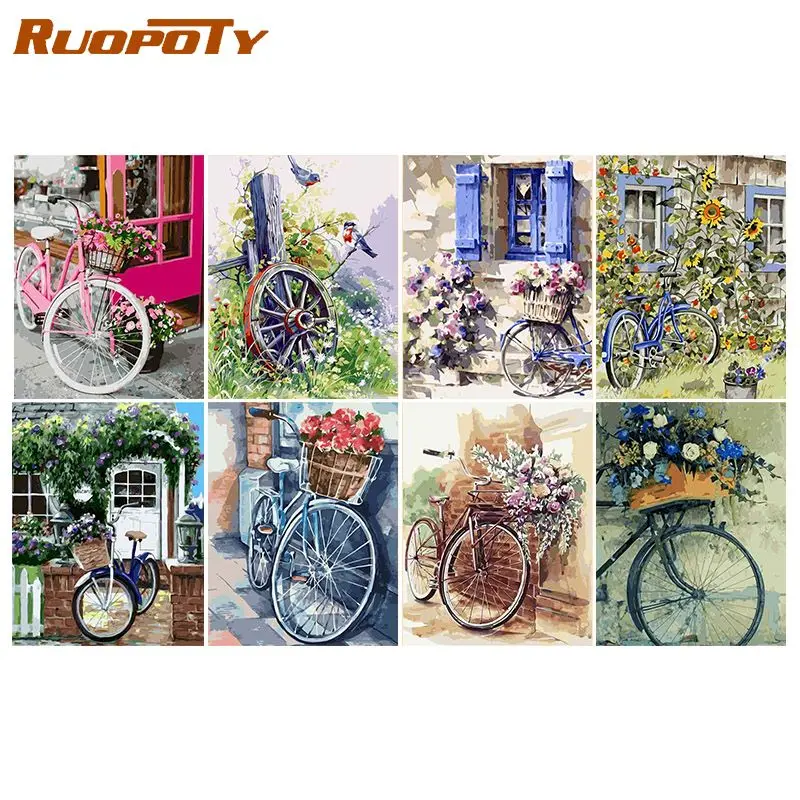 

RUOPOTY Oil Painting by numbers Flower Bicycle For Adults Kill Time Painting By Number Painting Personalized Gift