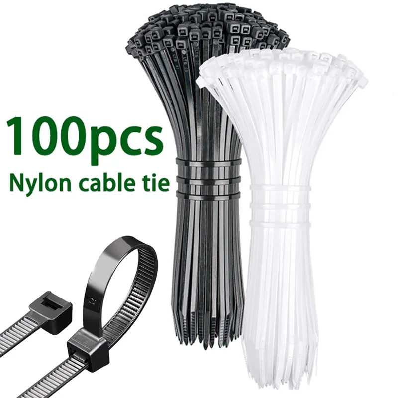 100Pcs Self-Locking Nylon Cable Ties Set 200mm Lenth Plastic Zip Loop Wire Wrap Zipper Cable Tie Fixing Ring Organizers