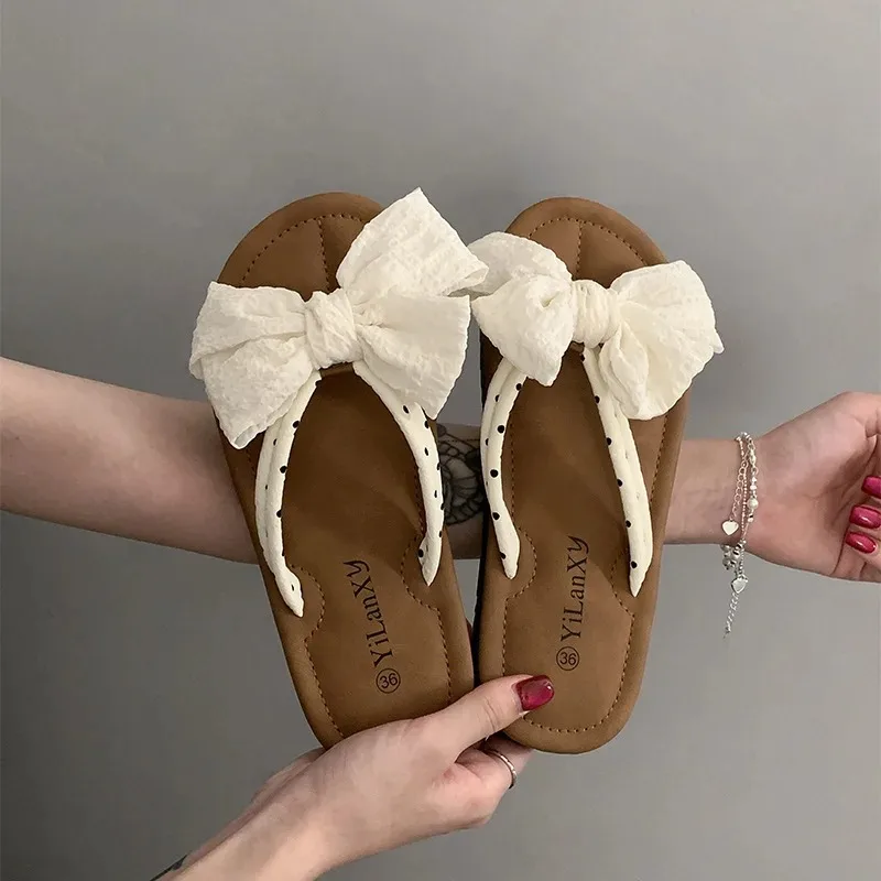 Women Slippers Fashion Cute Bow Anti Slip Sandals Wear-resistant Comfortable Soft Sole Flat Heel Beach Outdoor Slippers