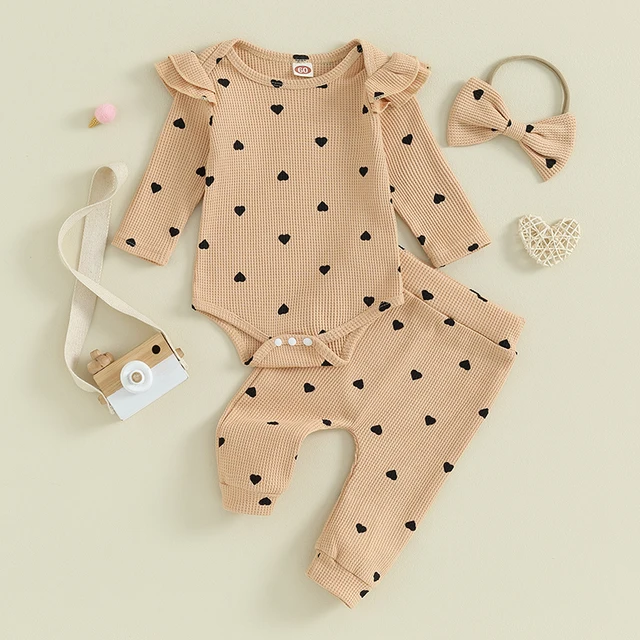 2023-09-12 Lioraitiin Infant Baby Girl Clothes Set Waffle Knit Heart Long Sleeve Romper Pants Headband Suit Outfits Fall Clothes 3