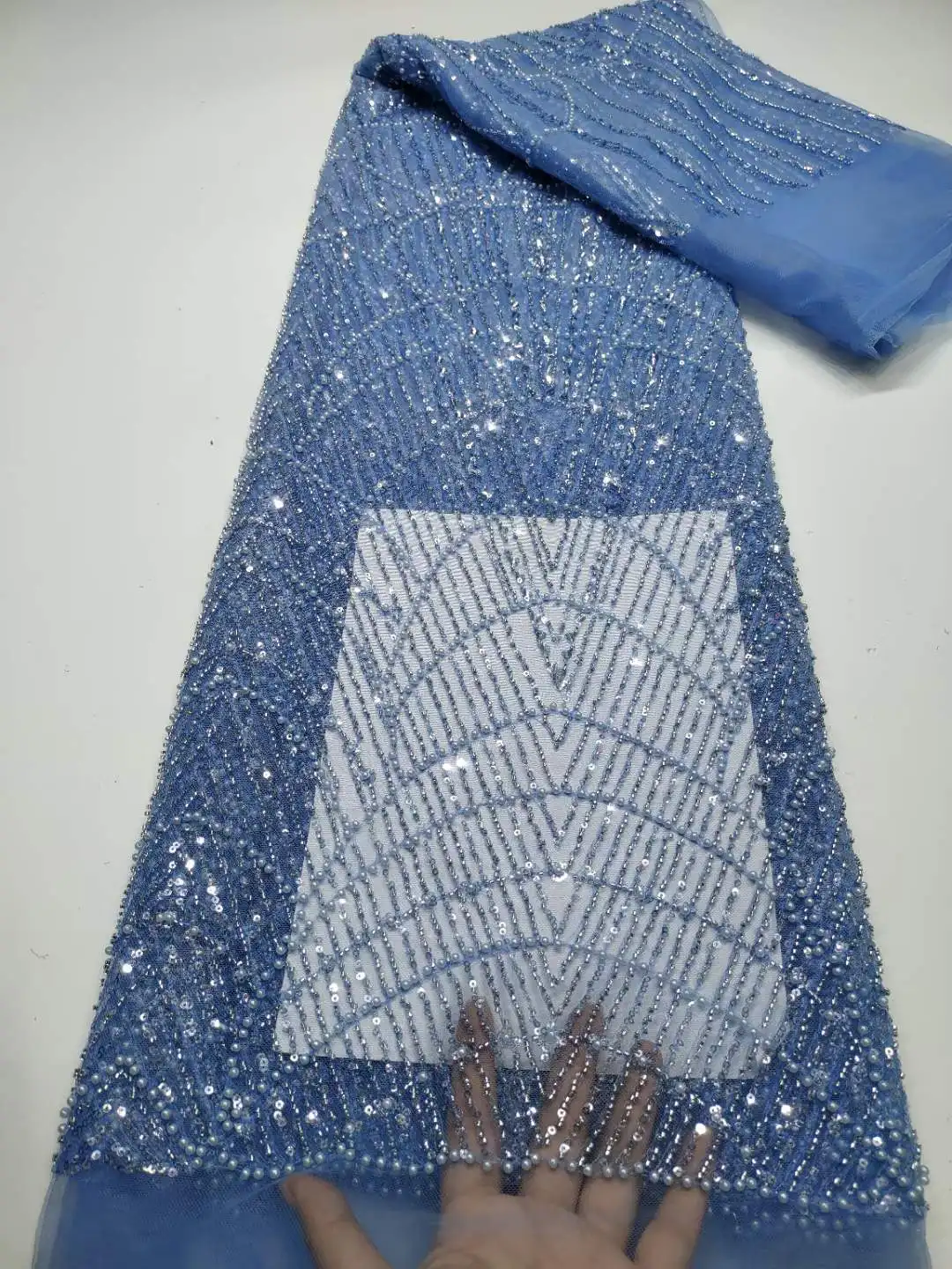 Latest African Hamdmade Beads LaceFabric High Quality Groom Tulle Lace Fabric With Sequins French Mesh Lace Fabric For Dress