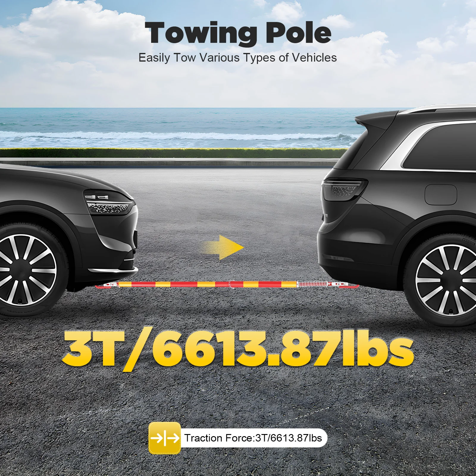 Rot-gelbe Abschleppstange 95 cm + 88 cm, 3T Zugkraft, Zwei-Wege-Dämpfung, Anhängerkupplung aus Eisen für Autos, SUVs, Geländefahrzeuge – Detail 3
