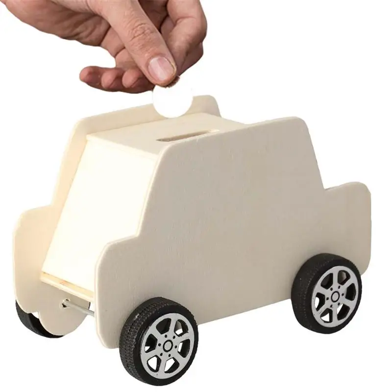 Wooden piggy bank 1pc wooden car shaped piggy bank money saving box desktop coin bank DIY educational toy