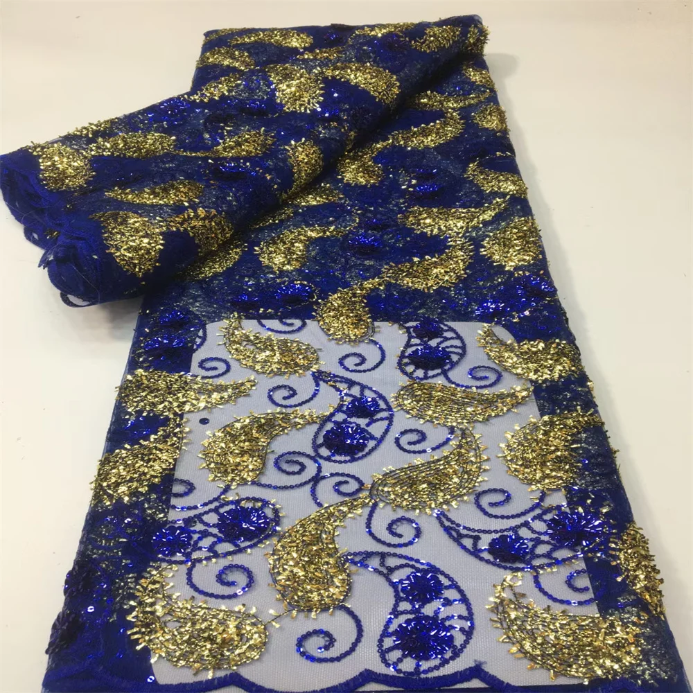 

5 ярдов, Высококачественная французская Тюлевая сетчатая ткань с блестками, Роскошная золотая синяя вышивка, нигерийская сетчатая ткань, Африканское кружево для свадьбы