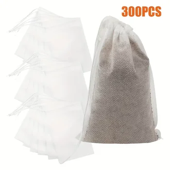 300PCS Disposable Empty Tea Bags with Drawstring Non Woven Tea Infuser Pouches for Loose Leaf Tea Brewing and Herbal Spices