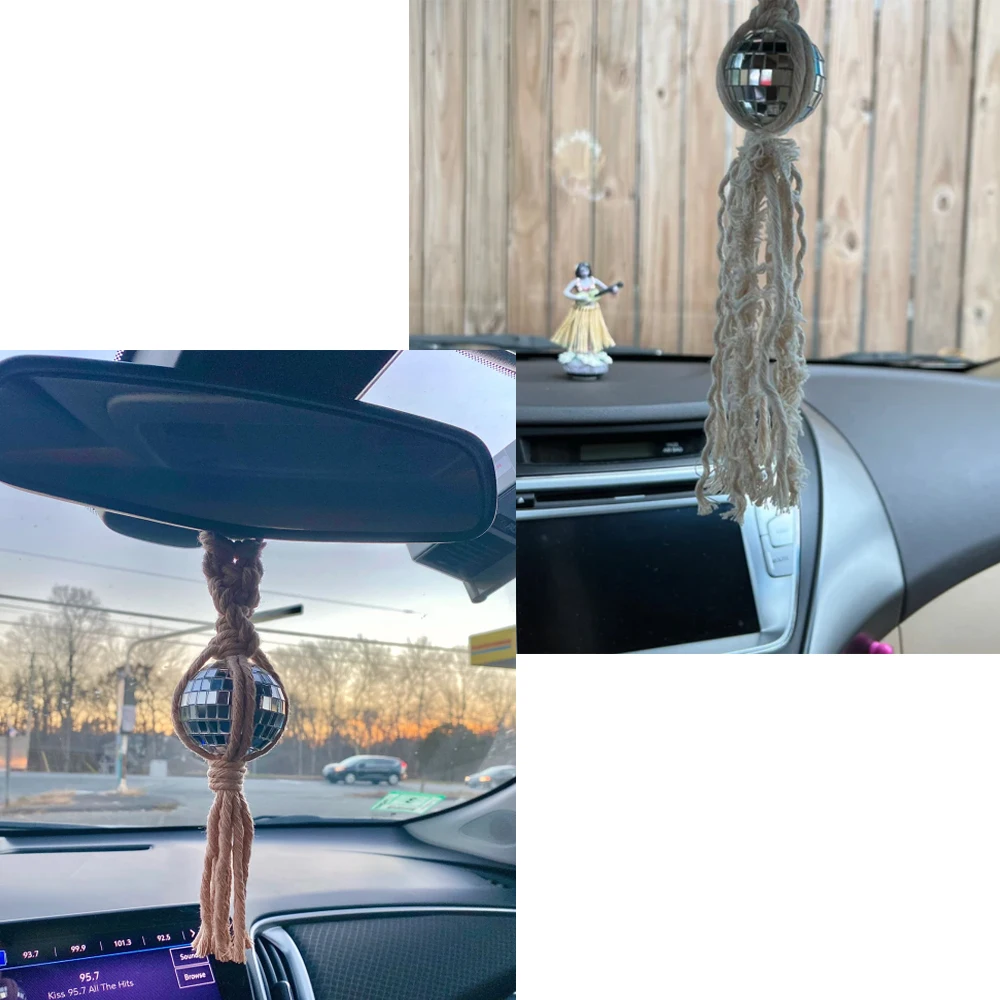 Macrame Disco Ball Hanging Decoration Ornament Disco Ball Car Mirror Party  Prop Cute Rearview Car Home Hanging Decoration