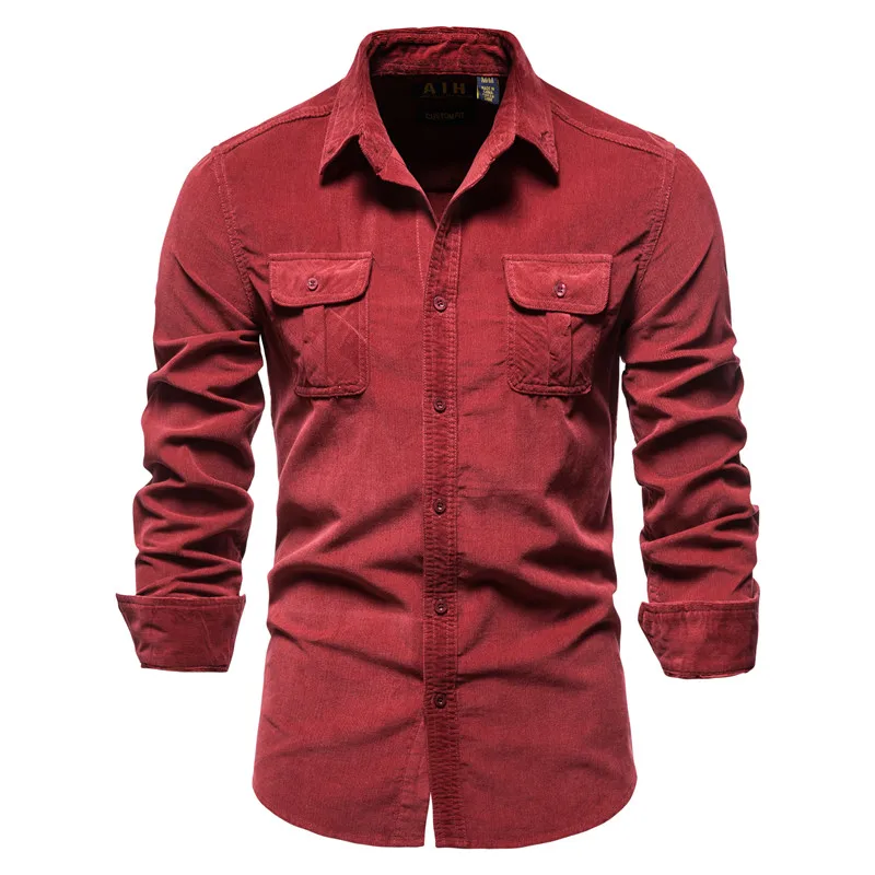 2020 New Men's Business Casual Fashion solid color corduroy shirt short sleeve collared shirt Shirts