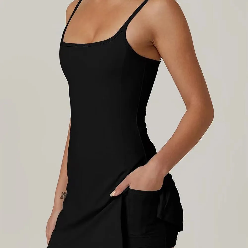 

Spaghetti Strap Dress with Shorts Underneath Tennis Skort Women Black Badminton Clothing Outdoor Fitness Slim Fit Active Wear