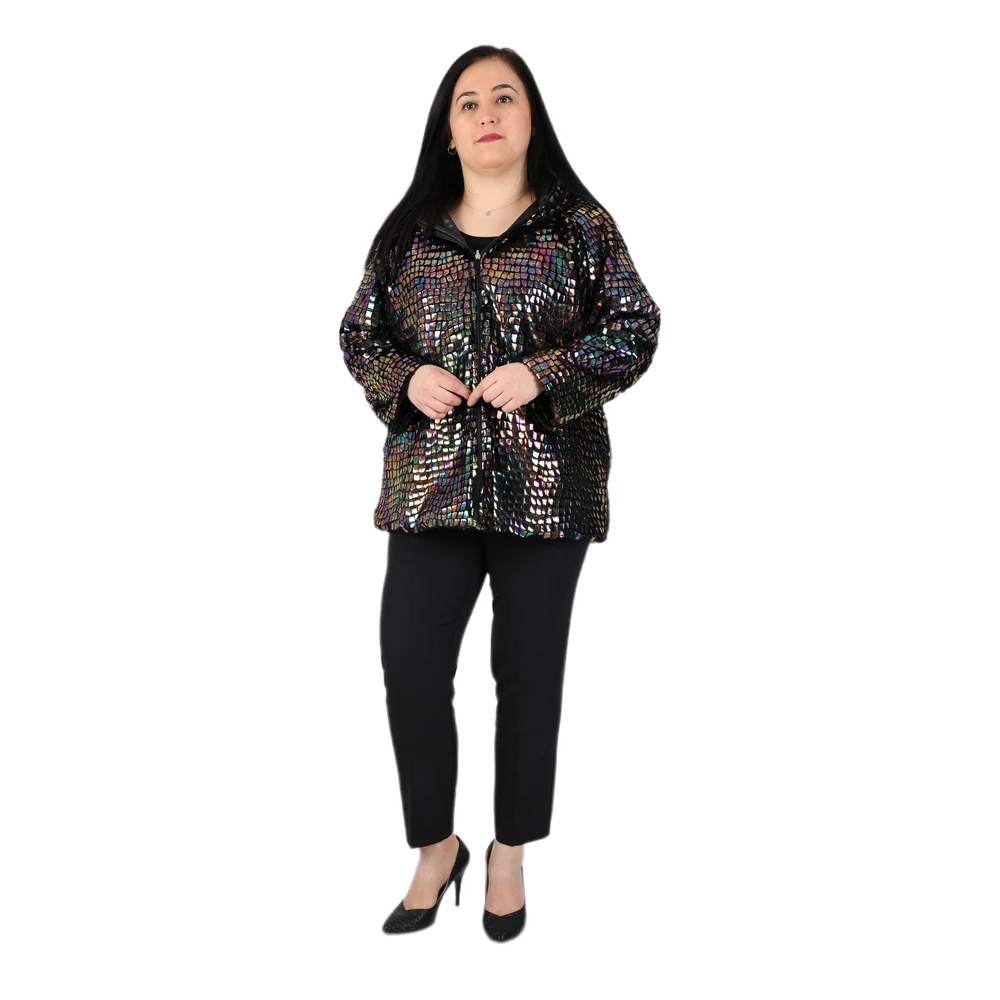 

Fierte Women Plus Size Coat Kprs61316 Hood Double Side Pocket Zipper Closure Glossy Fabric Autumn Winter Elegant