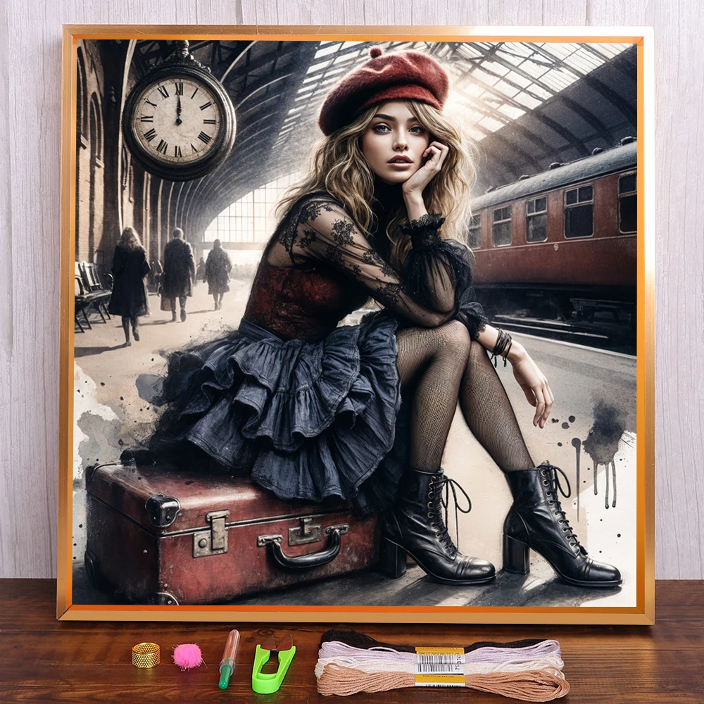Portrait Girl Pre-Printed 11CT Cross Stitch Embroidery Set DMC Threads Handmade Craft Painting Handiwork Jewelry Gift Counted