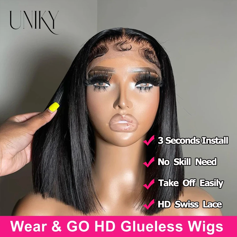 

Pre-Bleached Knots Glueless Wig Ready To Wear Wigs Straight Bob Pre-plucked Human Hair Bob Wigs Pre-cut HD Lace Wear Go Wigs