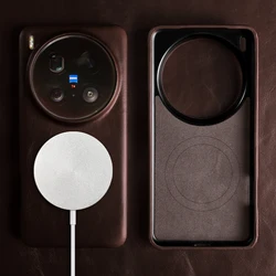 Luxurious Leather Phone Case with Magnetic Calfskin Oil Wax Finish for Vivo X200 Pro (Dark brown)