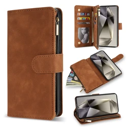 Leather Multi - Card Zipper Wallet with Kickstand and Magnetic Flip Case for Galaxy S24 Ultra (Brown)