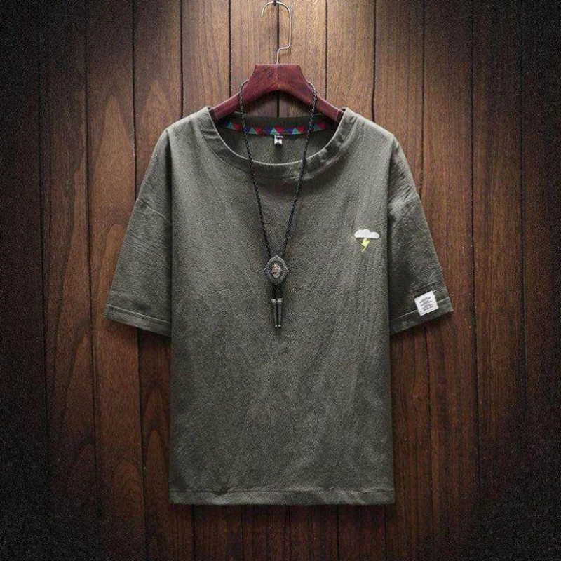 남성용 리넨 티셔츠, O넥 상의, 그래픽 스트리트웨어 자수, 남성용 티셔츠, 빈티지 짧은 1/4 소매, 일반 저렴한 의류
