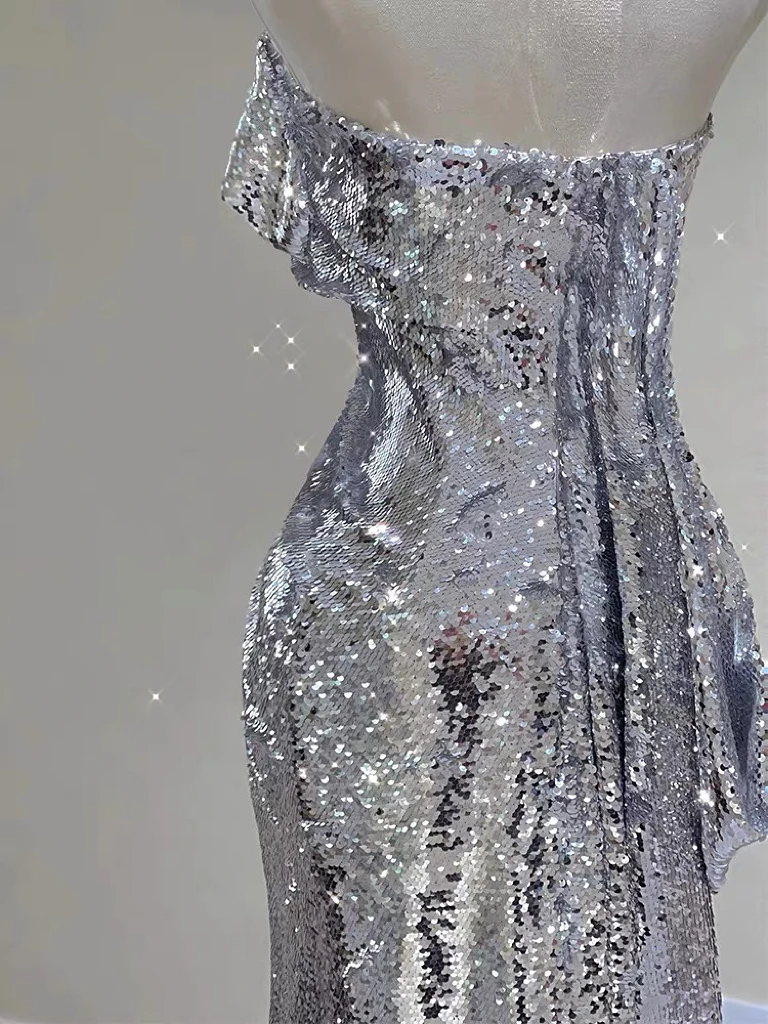 Silver Shiny Cocktail Dresses Strapless Ruched Sleeveless Mermaid Sequins Light Luxury Red Carpet Woman Evening Prom Party Gowns