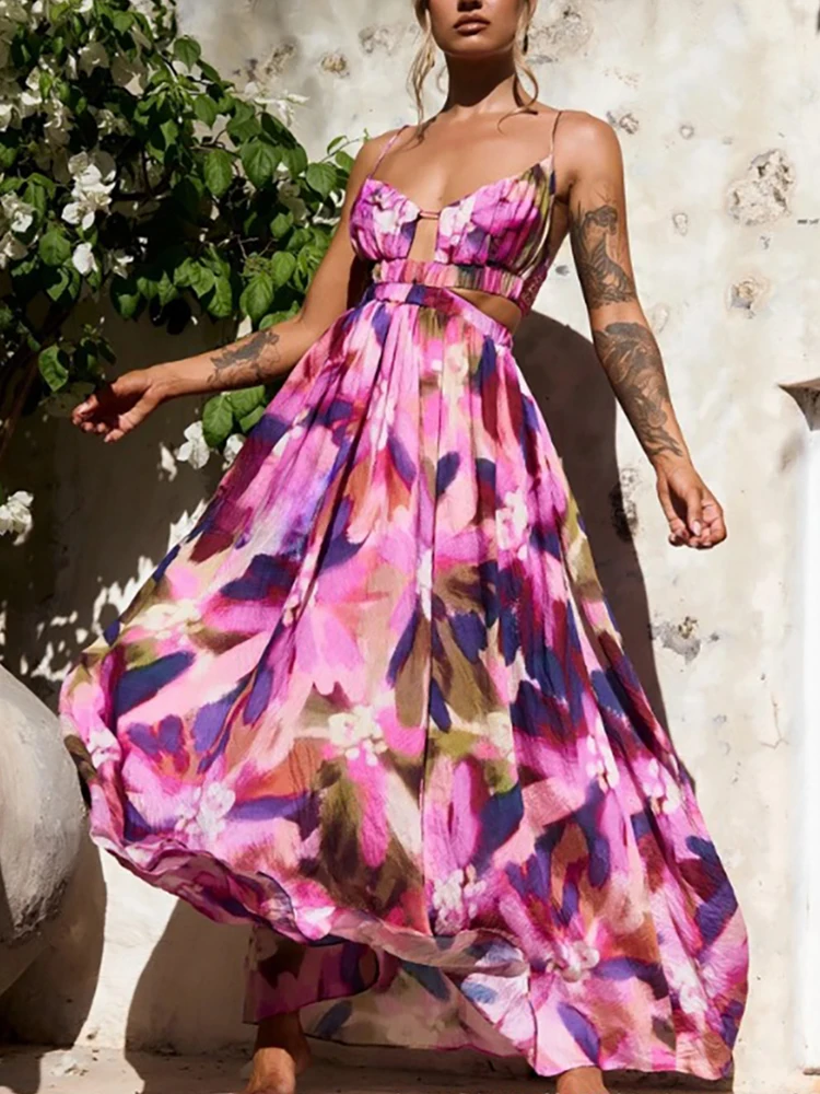 Robe Longue Fleurie Bohème à Découpes - Style Été Élégant