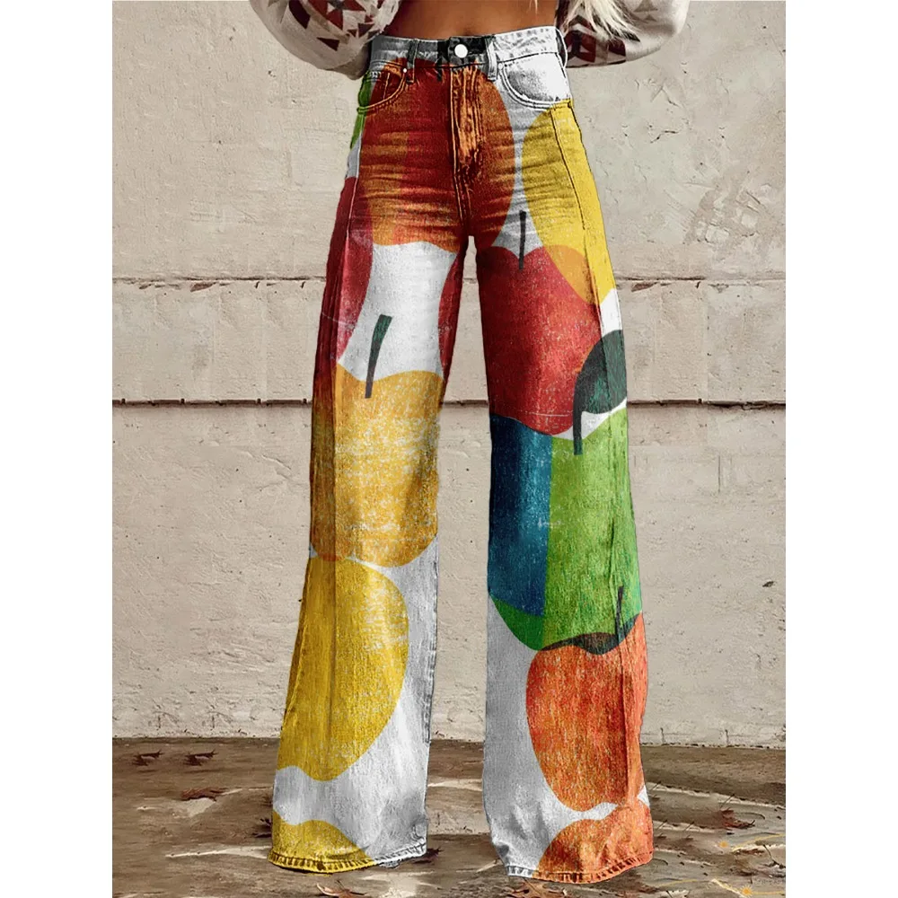 Damen-Hose mit weitem Bein, Grapefruit-Orange-Zitronen-Aufdruck, hoch taillierte Schlaghose, bunte Früchte, Sommer-Festival-Party-Hose – Detail 10