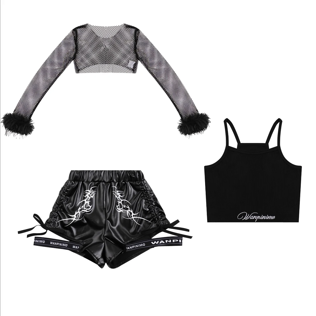 Children Hip Hop Dance Costumes For Girls Mesh Sleeved Tops Loose Shorts Suit Modern Jazz Performance Stage Clothes DQS18018