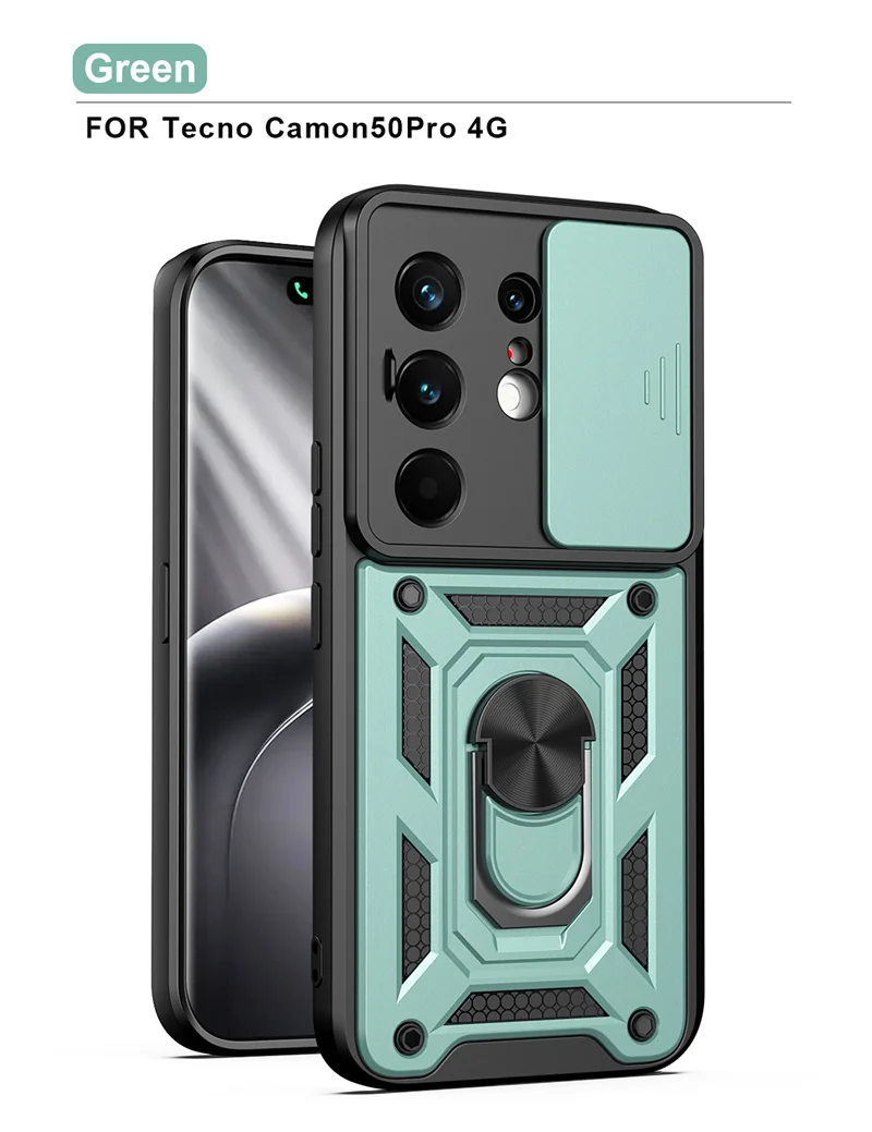 Slide Camera Lens Protection Phone Case with Ultra Ring Stand Hybrid Shockproof Cover