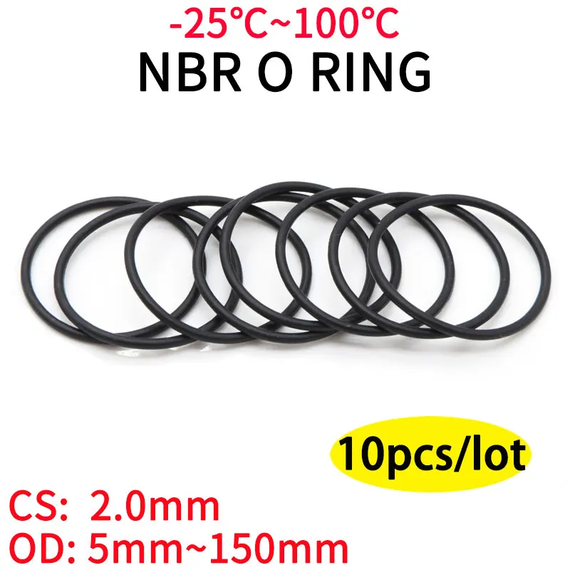 10pcs NBR O Ring Seal Gasket Thickness CS 2mm OD 5~150mm Nitrile Butadiene Rubber Spacer Oil Resistance Washer Round Shape
