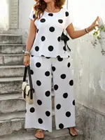 【Plus Size】 Two-Piece Set Polka Dot Print Top & Wide Leg Pants Set, Casual Fashion Cozy Top & Trousers for Daily Outdoor Wear, W