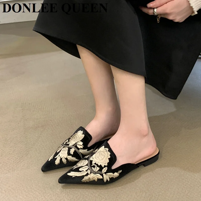 Fashion Embroider Slides Women Slippers Mules Shoes Pointed Toe