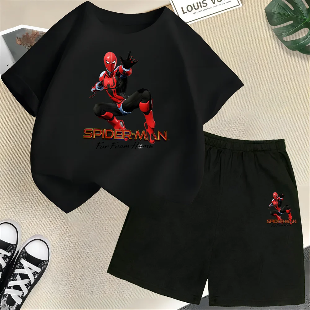 thumbnail image 1 of Conjunto de ropa de verano para niños y niñas con superhéroes, camiseta de manga corta de algodón y pantalones cortos, traje informal con estampado de Spider-Man, 1 of 5