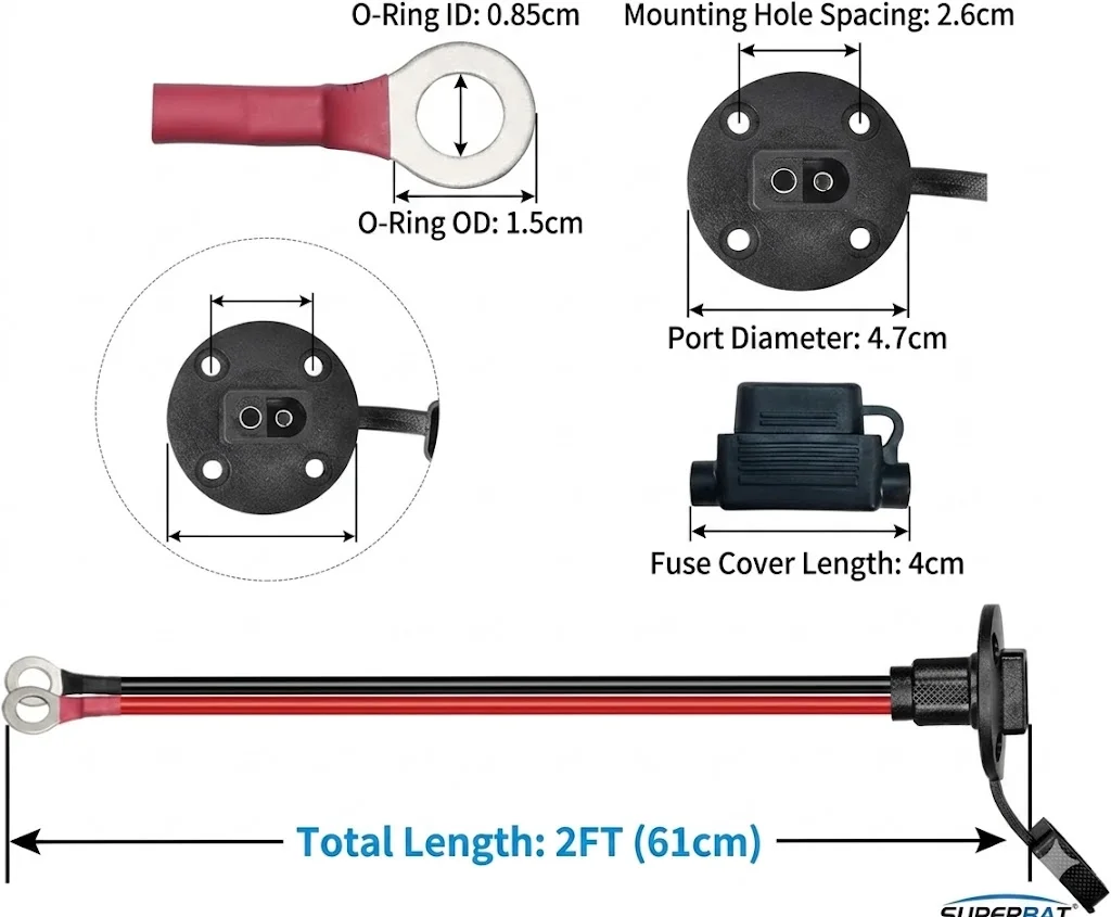 2피트 14AWG SAE 전원 소켓 측벽 포트 - O 링 커넥터 연장 코드 케이블 (10A, 15A, 20A 퓨즈 포함, 태양광 발전기용)
