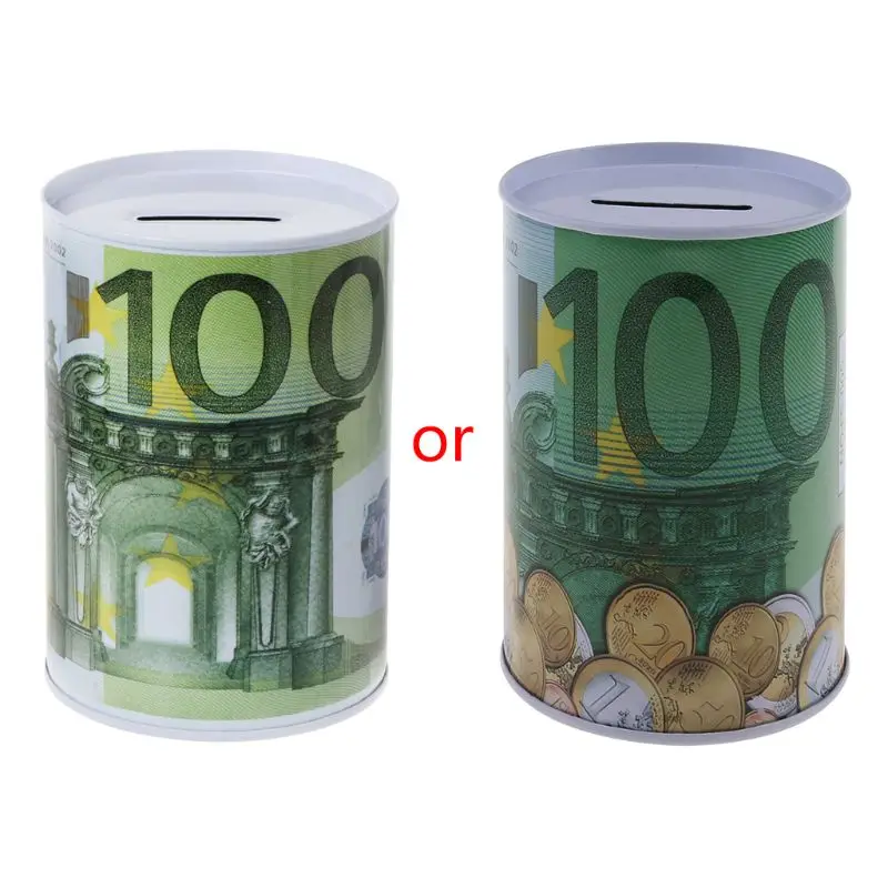 Tinplate Cylinder Piggy Banks Euro Dollar Picture Box Household Saving Money Box 6