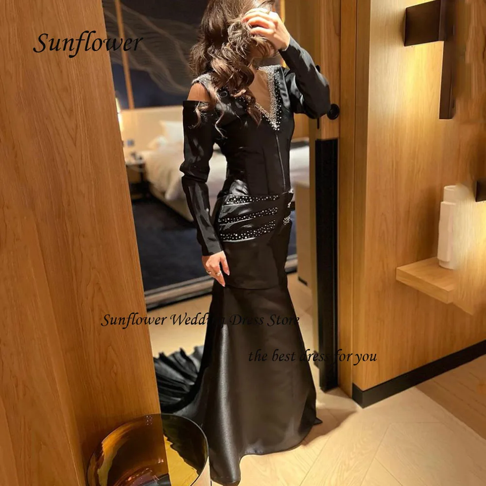 

Sunflower V-Neck Appliques Evening Dress 2023 Slim Long Sleeve Pleat Satin Mermaid Prom dress Floor-Length Party Dress