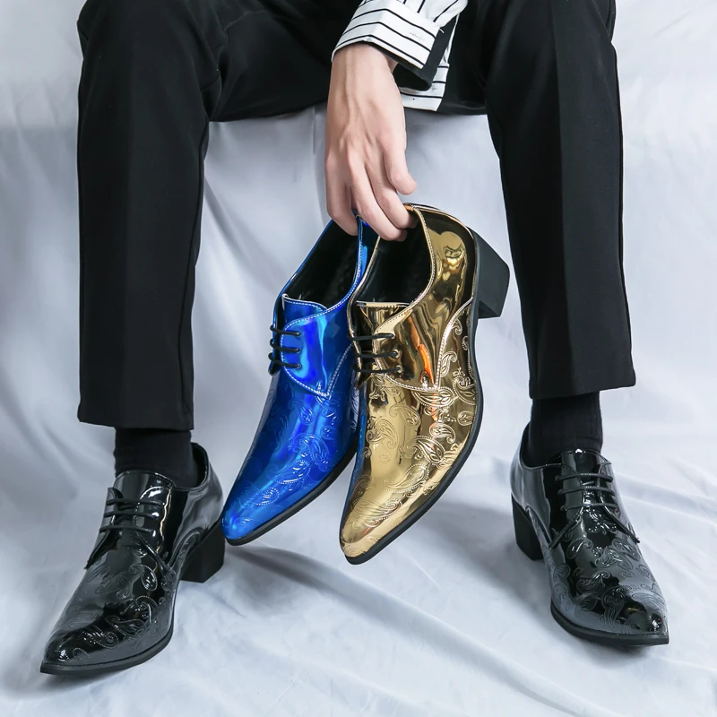 HKDQ Blue High-heeled Shoes For Men High Quality Pointed Toe Italian Luxury Men's Shoes Fashion Lace-up Leather Dress Man