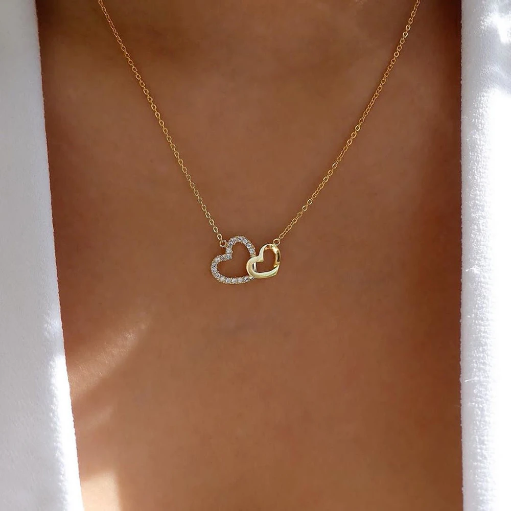 Collares de doble corazón para mujer, colgante de cadena de oro, gargantilla de cristal en forma de corazón, regalo de boda Je newwelry para mujer| - AliExpress