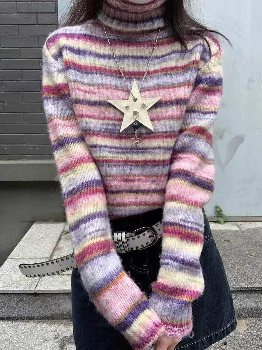 Karrram Japanese Y2k Turtleneck Sweater Vintage Rainbow Striped Pullover Korean Fashion Knitted Jumper Harajuku Grunge Knitwear