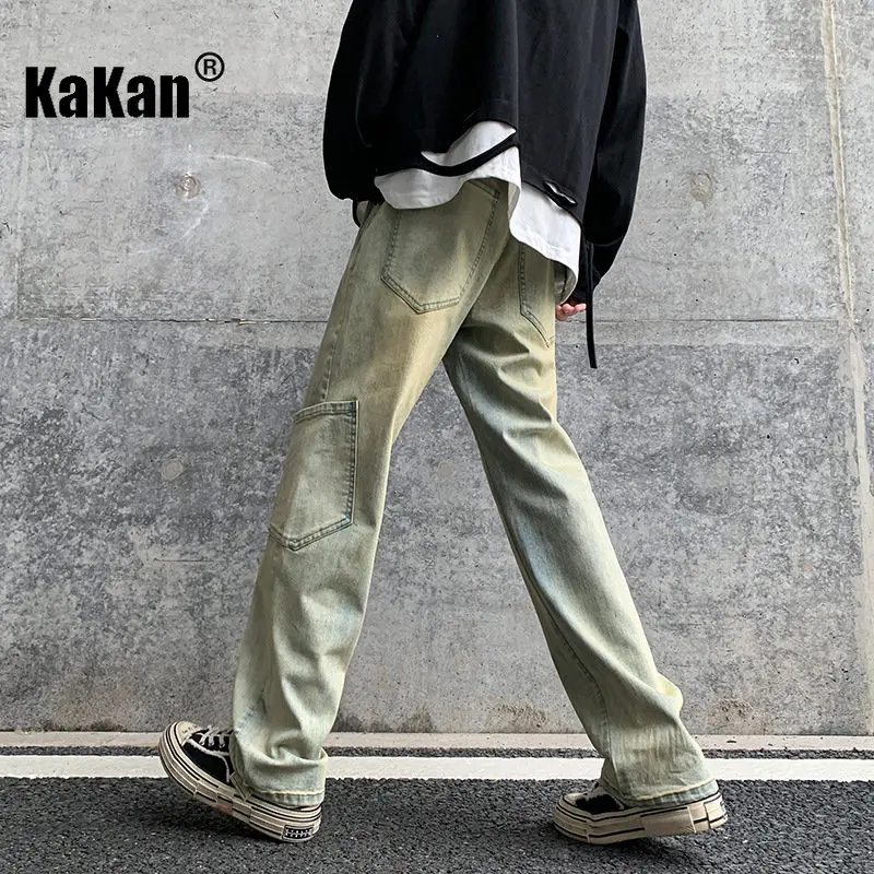 Kakan - New Yellow Mud Dyed Men's Jeans for Spring and Summer, Loose Straight Sleeve Retro Wash Jeans K024-M5820