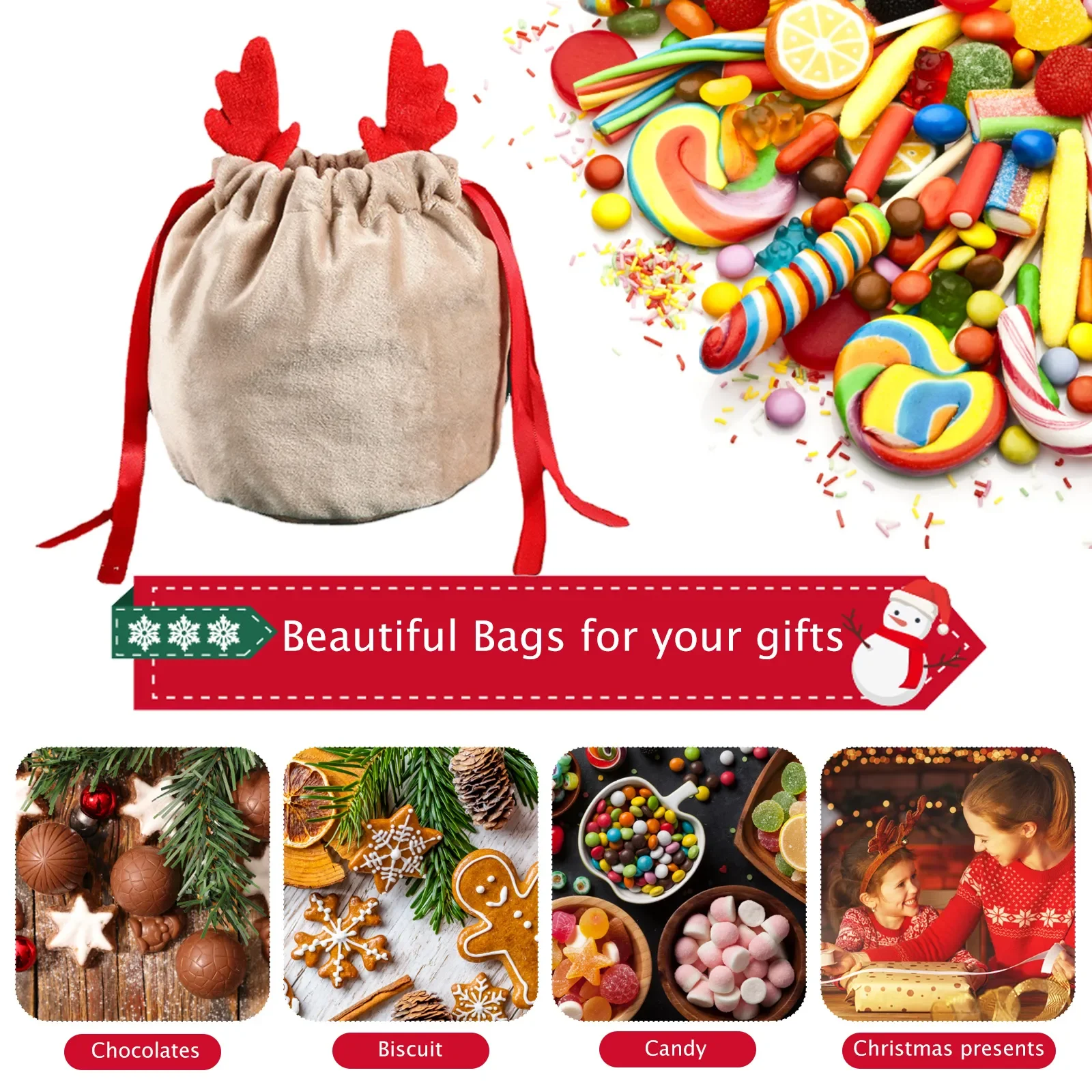 5/10 Christmas Reindeer Drawstring Gift Bag, Reusable Velvet Santa Claus Candy Gift Bag, Party Gift Decoration