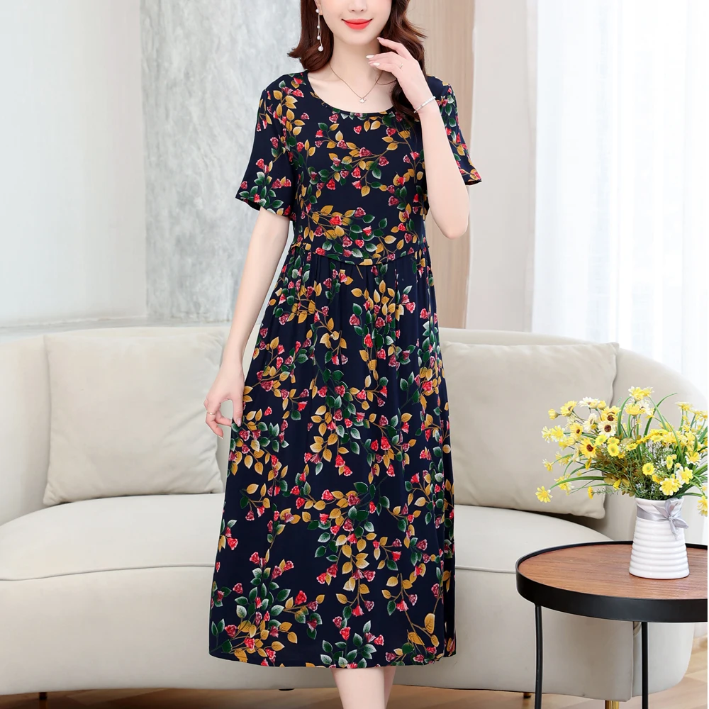 

New Fashion 2023 Casual Print Flowers Summer Dresses For Women Vintage Dress O-neck Plus Size Women Clothing