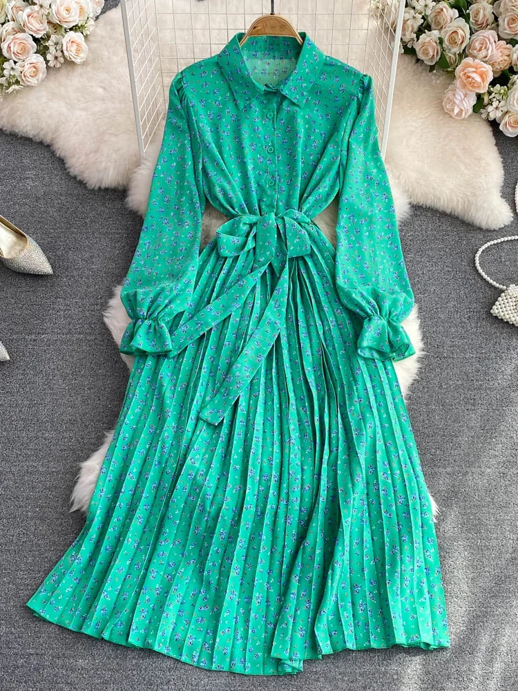 

Женское винтажное плиссированное платье миди, Элегантное однобортное платье с отложным воротником, драпировкой и широкой юбкой, цвет зеленый/черный/розово-красный, осень