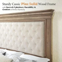 Queen Size Bed Frame with Upholstered Headboard, Solid Wood Mid-Century Platform Bed, Architectural Design, No Box Spring Needed 2