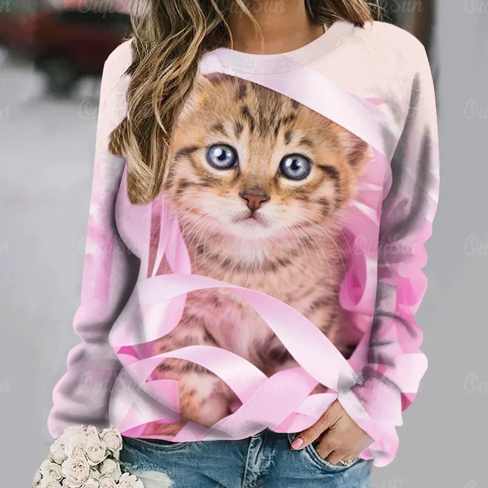 

2024 New Women's 3d T-Shirt O-Neck Long Sleeve Cat Puppy Fashion Animal Cute Pet Print Casual Cotton Clothing