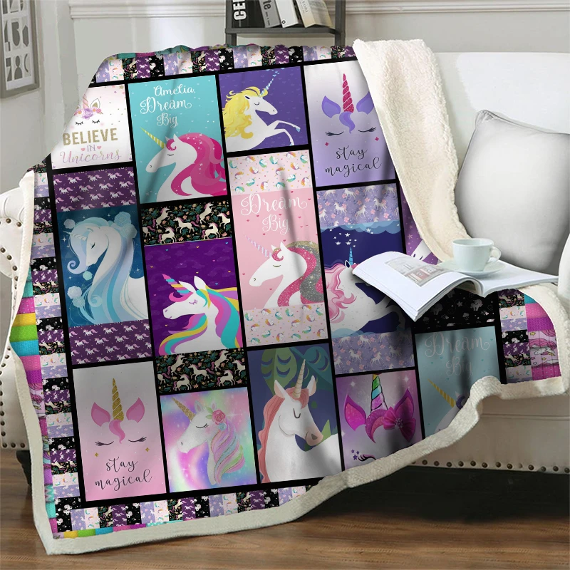 

Cartoon Unicorn Fleece Throw Blanket Thicken Warm Soft Flannel Sherpa Blankets For Beds Sofa Bedspread Easy Wash Quilt Nap Cover