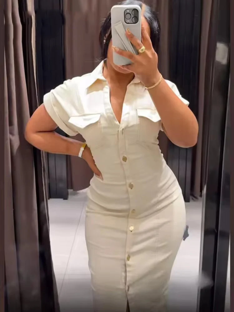 2025 Denim Long Dresses Women Bodycon Midi Dress Woman Summer Ruched Single Breasted Streetwear Casual Dresses Women