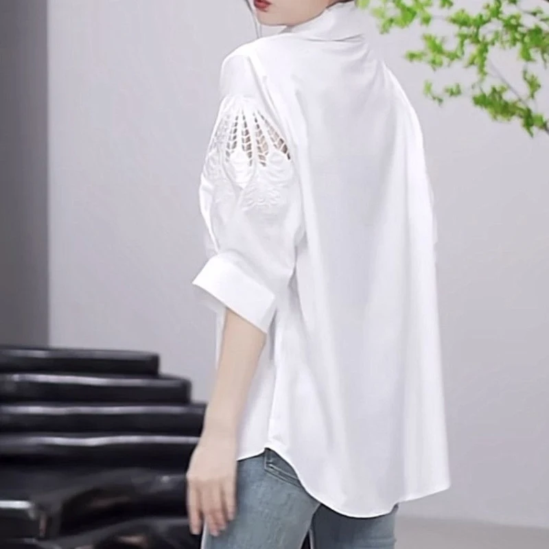Summer New POLO Collar Three Quarter Solid Color Shirt Women Hollow Out Embroidery Single Breasted Cardigan All-match Cotton Top
